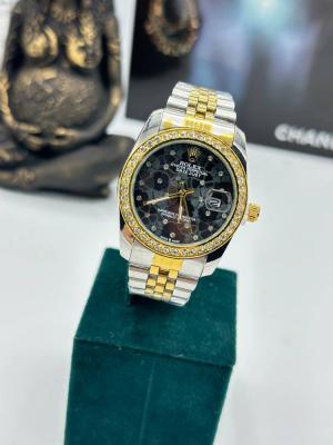 Rolex Taşlı Gold- Gümüş İçi Siyah Kadın Saat S361 